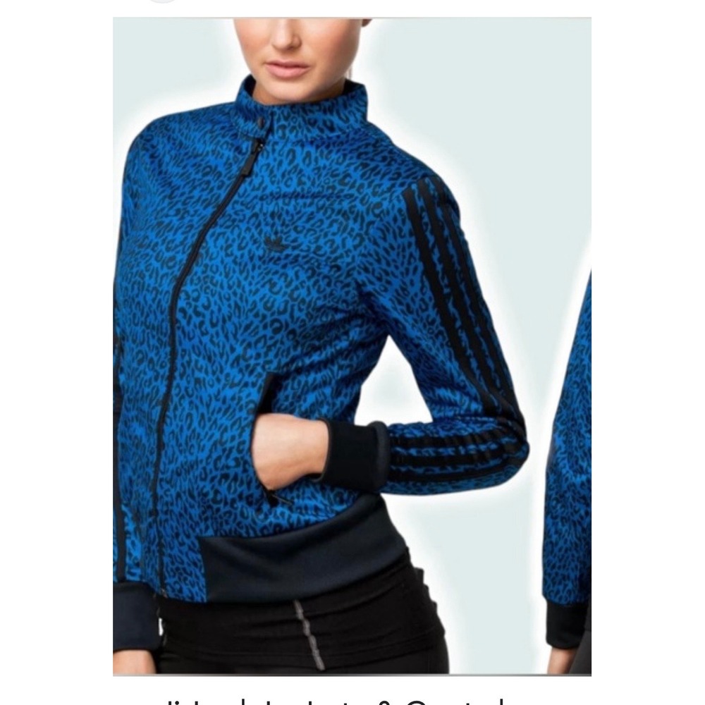 Adidas Originals Women Blue Leopard Print Track Jacket Gold Trefoil Logo Small